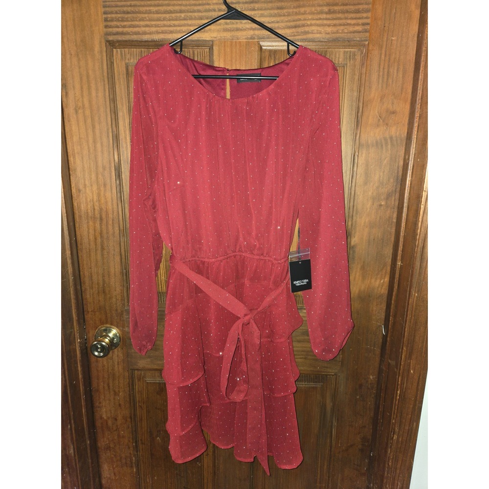Simply Vera Vera‎ Wang Maroon Rhinestone Tiered Ruffle Dress XXL NWT